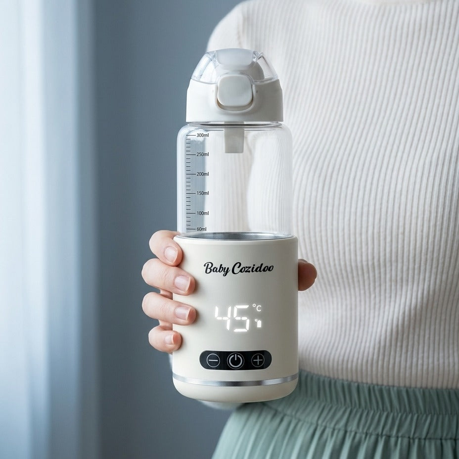 Australian mum in cream knit jumper holding the Babycozidoo Portable Bottle Warmer at 45 degrees Celsius — easy one-hand grip on the go