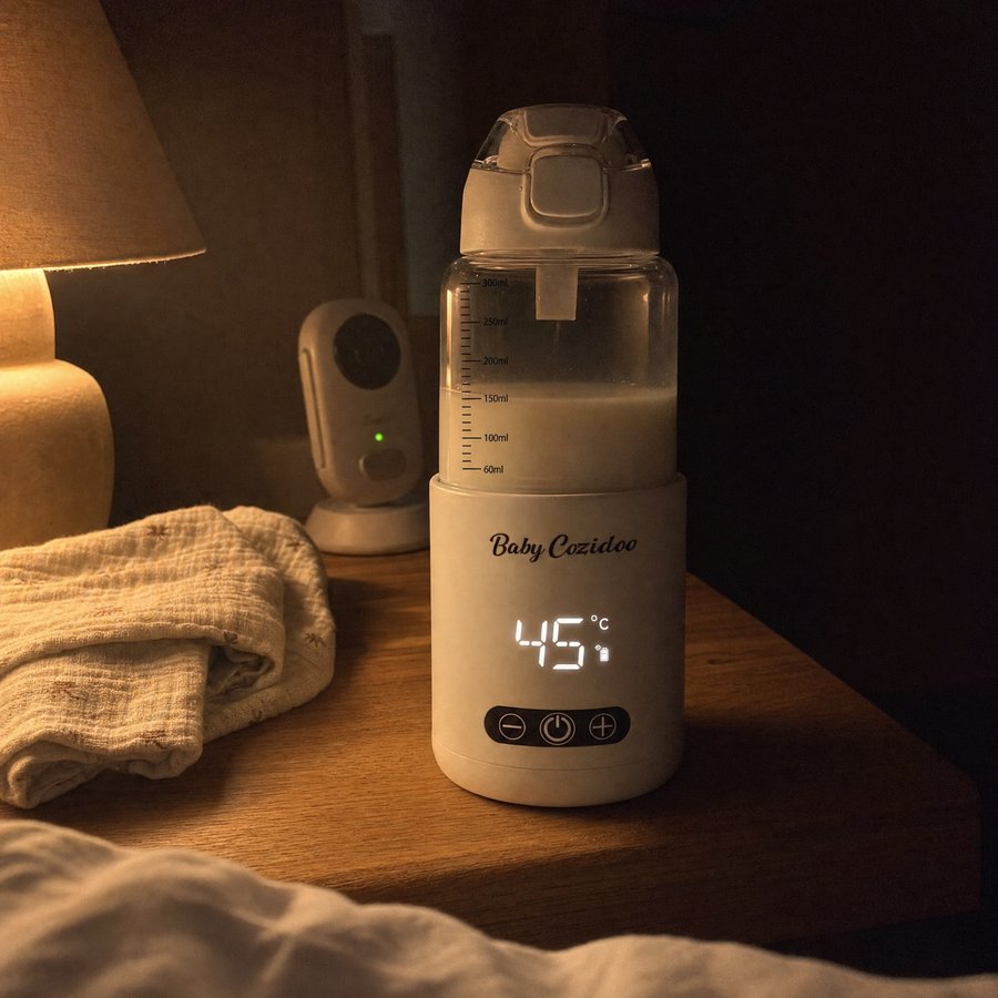 Babycozidoo on a bedside table at 3am holding milk at 45 degrees