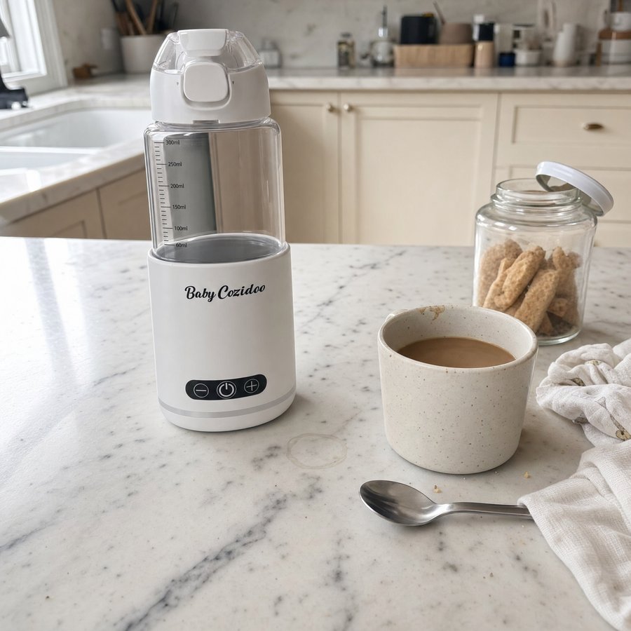 Babycozidoo bottle warmer on a marble kitchen counter showing premium build quality