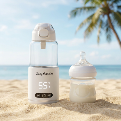 Babycozidoo Portable Bottle Warmer Pro at an Aussie beach next to a travel baby bottle — holiday-ready cordless feeding