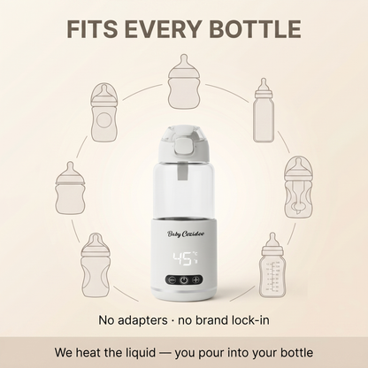 Babycozidoo Portable Bottle Warmer fits every baby bottle brand — no adapters, no brand lock-in, universal compatibility