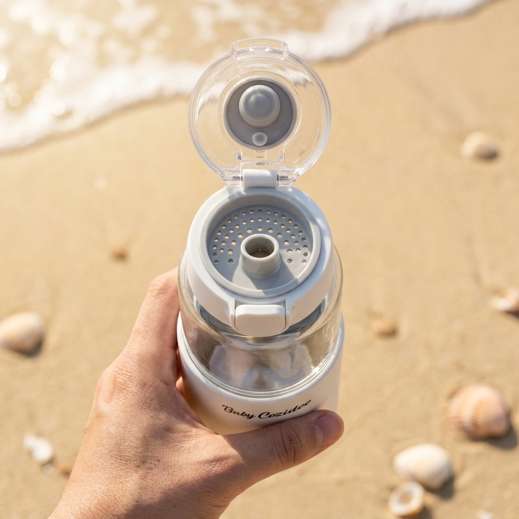 Top-down view of the Babycozidoo bottle warmer with the flip-top fully open, showing the inner spout vent — easy fill, easy pour