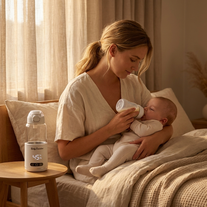 Australian mum feeding her baby with a bottle warmed by the Babycozidoo Portable Bottle Warmer Pro at golden hour in the nursery