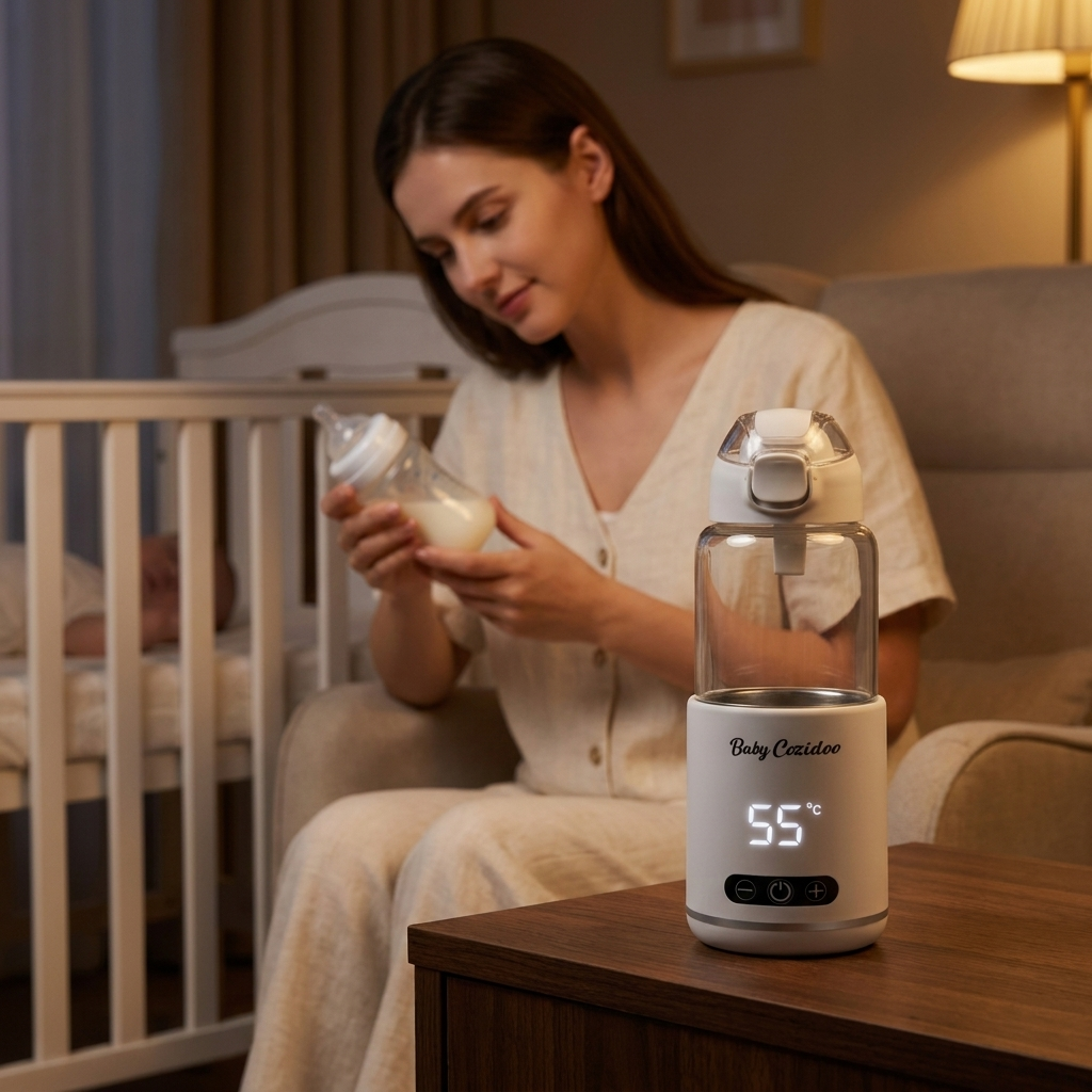 Babycozidoo Portable Bottle Warmer Pro on a bedside table at night, displaying 55°C — stress-free 3am night-feed solution