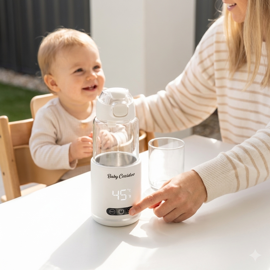 Aussie mum and smiling toddler at a sunlit outdoor table with the Babycozidoo Portable Bottle Warmer Pro on the family patio