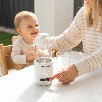 Aussie mum and smiling toddler at a sunlit outdoor table with the Babycozidoo Portable Bottle Warmer Pro on the family patio