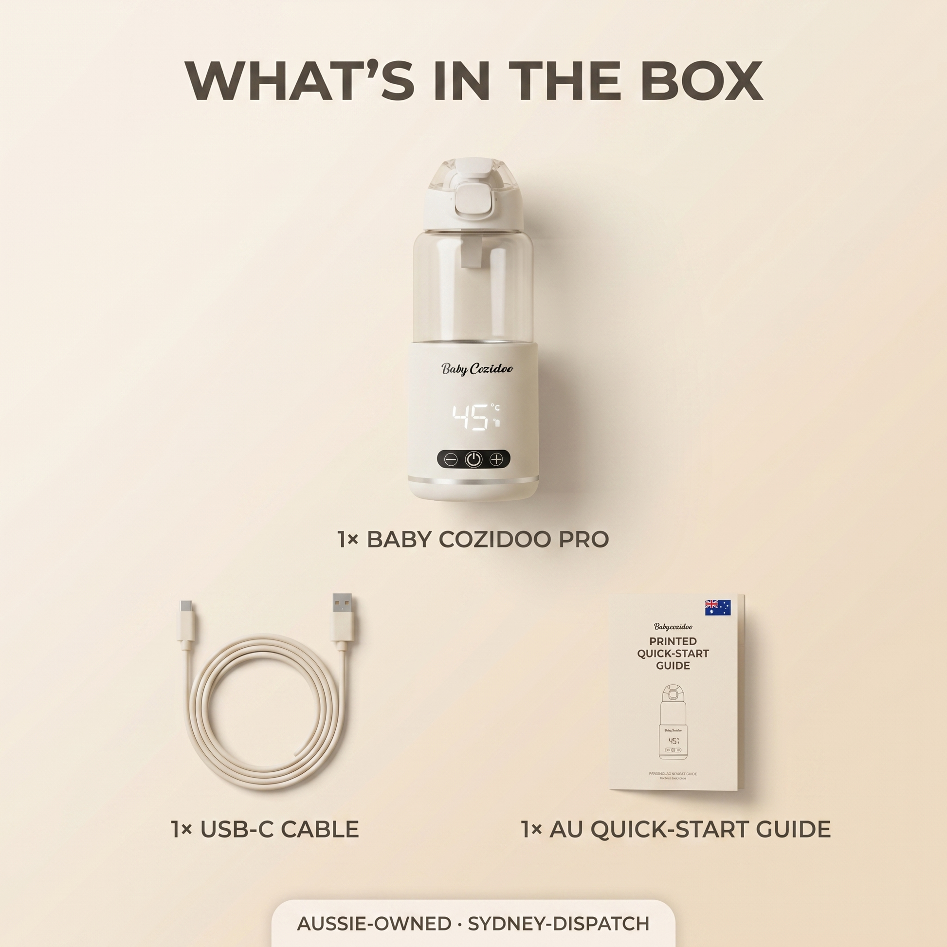 What's in the box: Baby Cozidoo Pro warmer, USB-C cable, AU printed quick-start guide — Aussie-owned, Sydney-dispatched