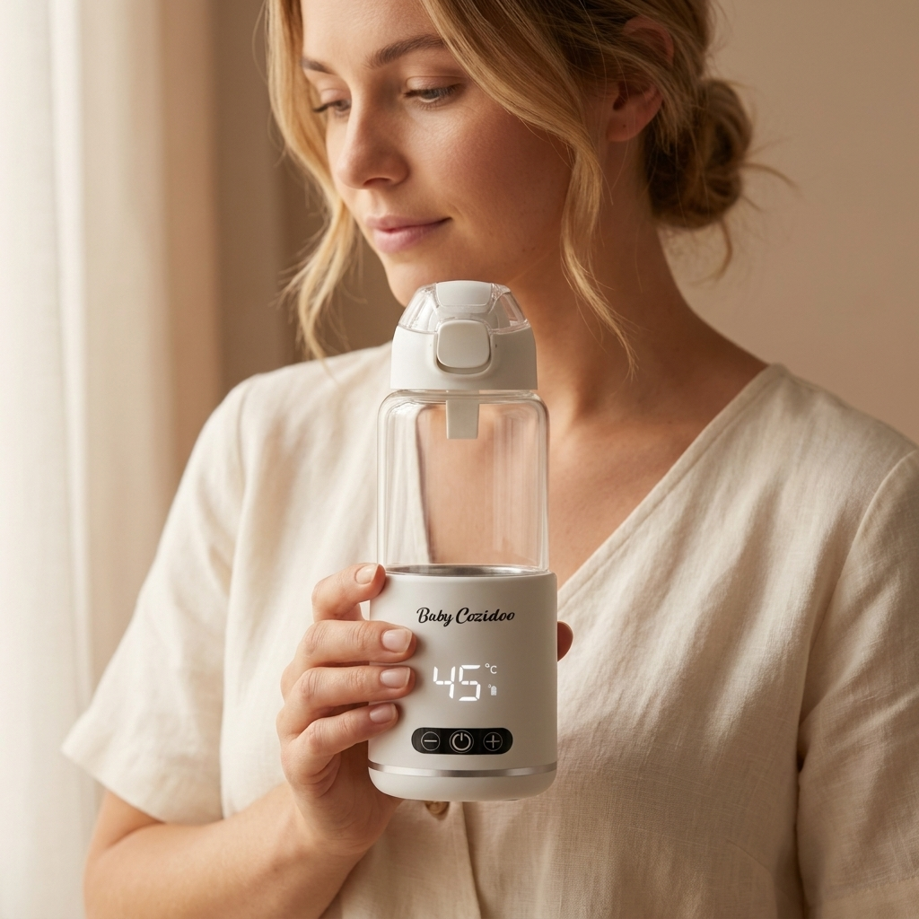 Babycozidoo Portable Bottle Warmer Pro held in a mum's hand — showing real-life adult-bottle size and 45°C LED display