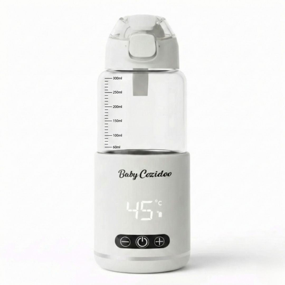 Babycozidoo Portable Bottle Warmer Pro3 on a clean white studio background — 300ml stainless steel chamber with measurement scale, LED display at 45 degrees Celsius and 3-button controls — Australia exclusive